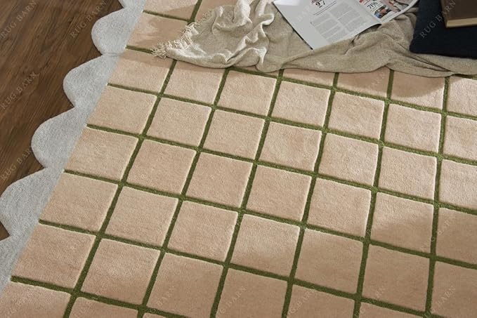 Scalloped Border Wool Area Rug with Windowpane Grid, Hand-Tufted, Beige-Blush with Sage Lines & Light Purple Edge - Soft High-Low Pile for Living Room, Bedroom, Nursery - 4x6 Ft