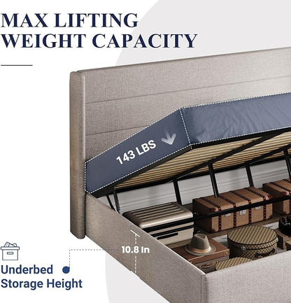 Allewie King Size Lift Up Storage Bed, Modern Wingback Headboard, Hydraulic Support, No Box Spring Needed, Light Beige