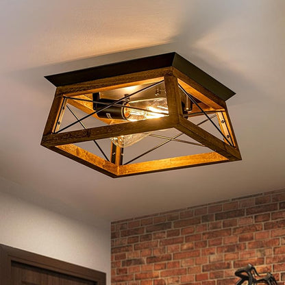 Farmhouse Ceiling Light, 2-Light Flush Mount Light Fixture with Metal and Wood Design, Rustic Light Fixture for Kitchen, Entryway, Hallway, Bedroom