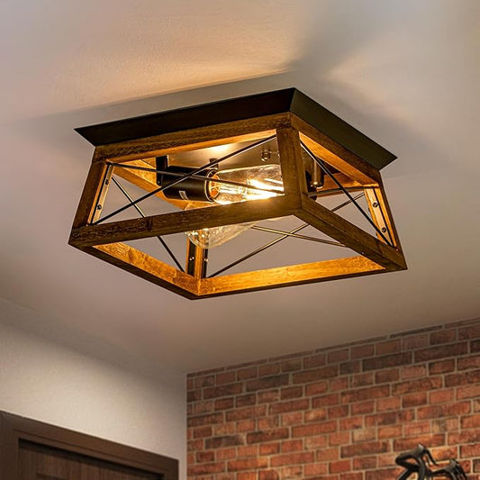 Farmhouse Ceiling Light, 2-Light Flush Mount Light Fixture with Metal and Wood Design, Rustic Light Fixture for Kitchen, Entryway, Hallway, Bedroom