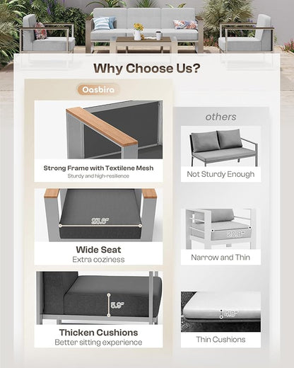 Outdoor Patio Furniture Set, 4 Piece Aluminum Patio Furniture Set with Wide Outdoor Seating and Thick Cushions, Modern Outdoor Patio Conversation Sets for Deck, Porch (Teak-Charcoal)