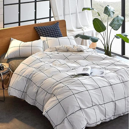 CLOTHKNOW White Plaid Comforter Set Twin/Twin XL 3Pcs Grid Bedding Comforter Sets White and Black Comforter with 2 x Pillowcases
