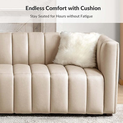 HULALA HOME 83" Genuine Leather Sofa with Channel Tufted Design, 3-Seater Sofa for Living Room Bedroom, Modern Oversized Couch with Wood Legs, Beige