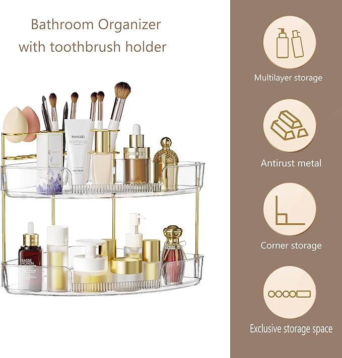 FELIZHOUSE 2-Tier Makeup Organizer for Vanity & Bathroom Countertop – Acrylic Storage Shelf with Perfume Makeup Brush Holder, Tool-Free Installation, Design for Bathroom & Dresser - Clear
