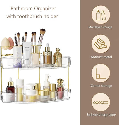FELIZHOUSE 2-Tier Makeup Organizer for Vanity & Bathroom Countertop – Acrylic Storage Shelf with Perfume Makeup Brush Holder, Tool-Free Installation, Design for Bathroom & Dresser - Clear