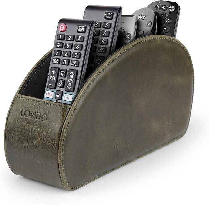 Londo Remote Control Holder with 5 Pockets - Store DVD, Blu-Ray, TV, Roku or Apple TV Remotes - Italian Genuine Leather with Suede Lining - Slim, Compact Living or Bedroom Storage