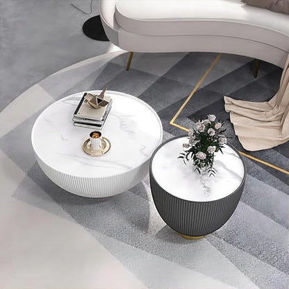 homary 2-Piece Round Coffee Table Set with Sintered Stone Top, Stainless Steel Base PU Leather Upholstery, Modern Drum-Shaped Coffee Table for Living Room