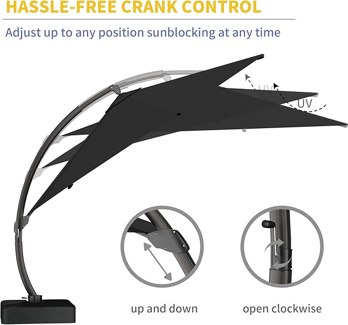 Kingdura 11ft Offset Cantilever Patio Umbrella with Base Included, Large Round Aluminum Outdoor Umbrella, 360° Rotation & Infinite Tilt, Heavy Duty Frame for Deck Pool Backyard, Black