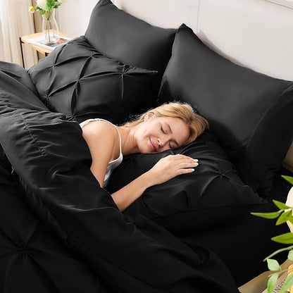 CozyLux Twin XL Comforter Set Black, 5 Pieces Twin Extra Long Pintuck Bed in A Bag for College Dorm, Pinch Pleat Bedding Set with Comforter, Sheets, Pillowcase & Sham