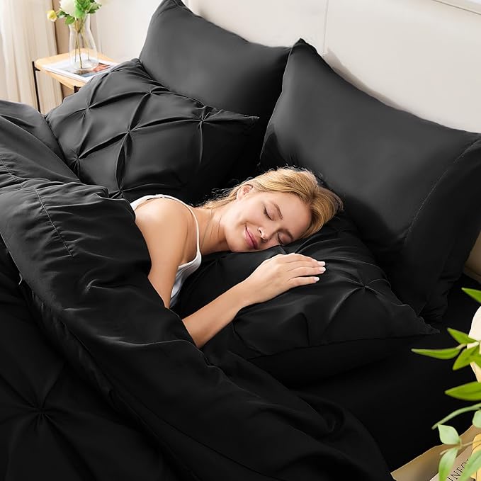 CozyLux Twin Comforter Set with Sheets Black, 5 Pieces Pintuck Bed in A Bag, Twin Bed Set Gift for Family, Pinch Pleat Bedding Set with Comforter, Sheets, Pillowcase & Sham