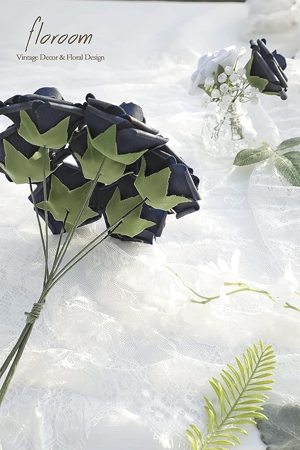 Floroom Artificial Flowers 25pcs Real Looking Navy Blue Foam Fake Roses with Stems for DIY Wedding Bouquets Bridal Shower Centerpieces Party Tables Home Decorations