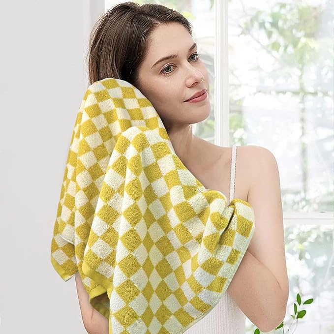 Luxury Bath Towels  Pack of 2 Cotton Fall Bathroom Towels Sets for Body Drying 55x27.5 Inches Mustard Yellow Checkered