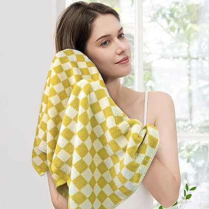 Luxury Bath Towels  Pack of 2 Cotton Fall Bathroom Towels Sets for Body Drying 55x27.5 Inches Mustard Yellow Checkered