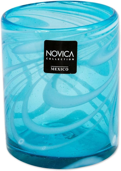 NOVICA Light Blue And White Swirl Hand Blown Glass Rock Glasses, 11 Oz, 'Whirling Aquamarine' (Set Of 6)