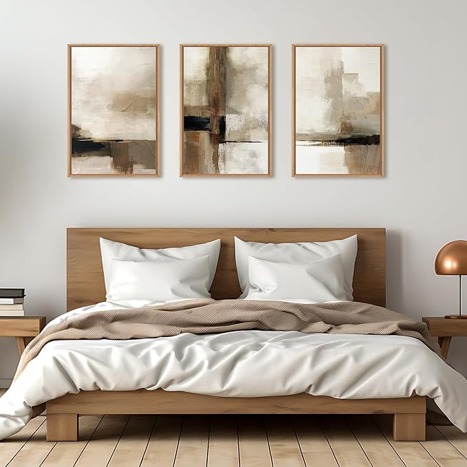 HOURIA Large Abstract Neutral Framed Canvas Wall Art Set,Brown Beige Wall Decor,Minimalist Black Wall Painting,Modern Brush Stroke Line Art Print for Living Room,Bedroom,Office- 16"x24"x3
