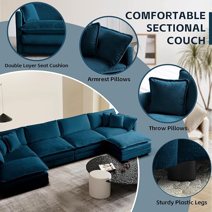 SoarFlash Chenille Sectional Sofa, Comfy L/U Shaped Modular Coush Sofa with Ottoman, Modern 4 Seat Couch Deep Seat Sofa Set for Living Room,Deep Blue