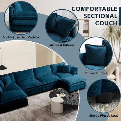 SoarFlash Chenille Sectional Sofa, Comfy L/U Shaped Modular Coush Sofa with Ottoman, Modern 4 Seat Couch Deep Seat Sofa Set for Living Room,Deep Blue