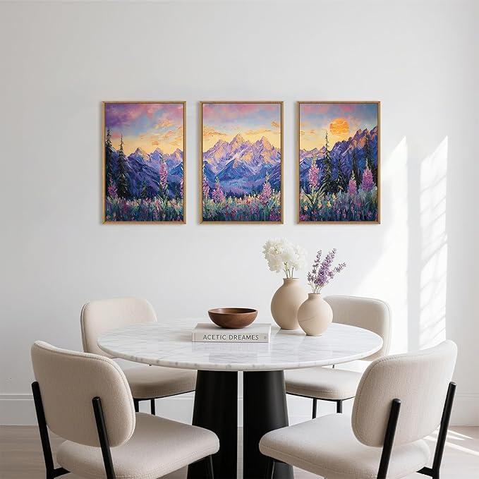 HOURIA Purple Sunset Mountain Landscape Framed Canvas Wall Art Set,Nature Pine Tree Wildflowers Wall Decor,Golden Sunlight Wall Painting,Modern Field Art Prints for Living Room, Bedroom-16 x24 x3