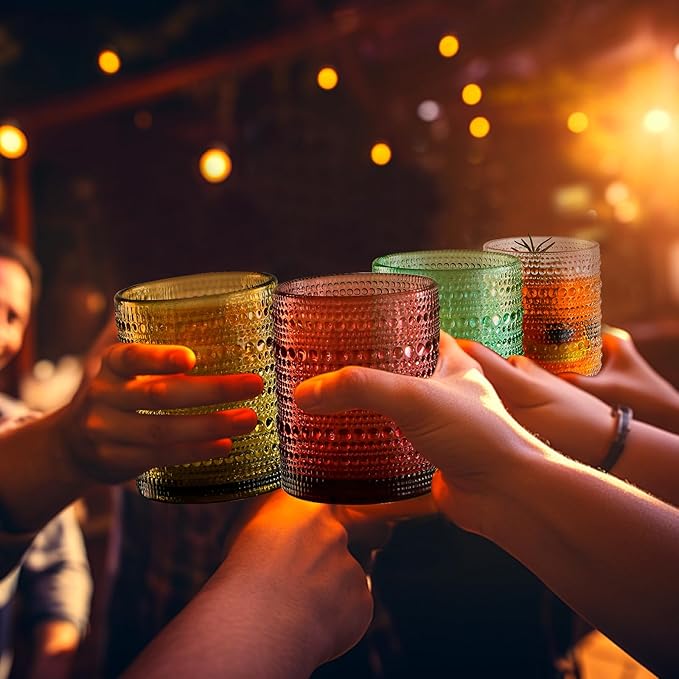 Colored Hobnail Drinking Glasses Set of 6,12oz Vintage Kitchen Glassware,Embossed Beaded Glass Cups,Water Tumbler for Cocktail,Juice and Various Mixed Drinks