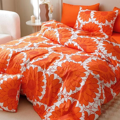 CLOTHKNOW Sunflower California King Comforter Set 3Pcs Orange Whtie Bedding Comforter Sets Rust Flower Comforter Botanical Comforter Sets Lightweight
