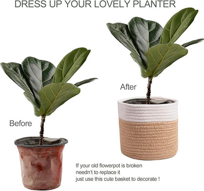 11" Cotton Rope Plant Basket Modern Woven Baskets for 10" Flower Pot Floor Indoor Planters,Storage Organizer Baskets Home Decor,Brown White 11"x 11"