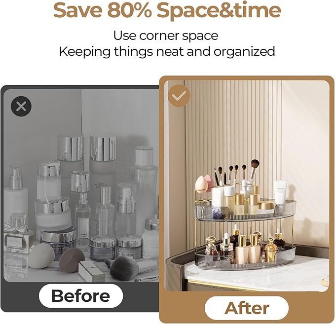 FELIZHOUSE 2-Tier Makeup Organizer for Vanity & Bathroom Countertop – Acrylic Storage Shelf with Perfume Makeup Brush Holder, Tool-Free Installation, Design for Bathroom & Dresser - Grey