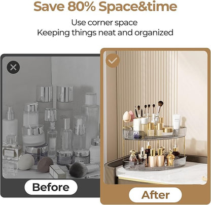 FELIZHOUSE 2-Tier Makeup Organizer for Vanity & Bathroom Countertop – Acrylic Storage Shelf with Perfume Makeup Brush Holder, Tool-Free Installation, Design for Bathroom & Dresser - Grey