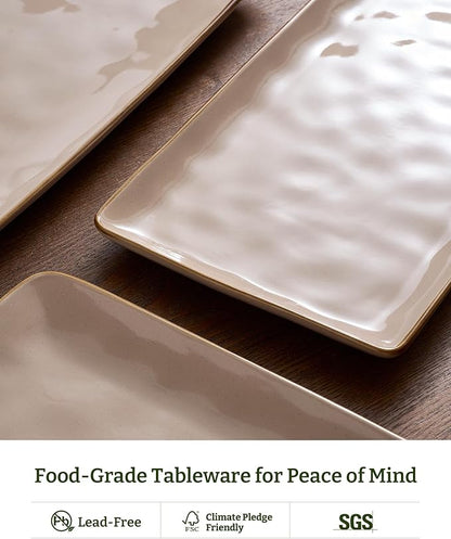 famiware Serving Platter, Rectangular 15.67/14.1/12.6 inch Serving Dishes for Entertaining, Microwave Dishwasher Safe, Stonware for Party, Turkey, Cheese, Ocean Series, Cinnamon Brown