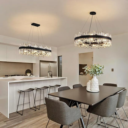 Siljoy Modern Crystal Chandelier 16-Light Farmhouse Black Round Crystal Raindrop Chandelier Industrial Dimmable Crystal Pendant Ceiling Light Fixture for Dining Living Room Entryway Foyer D31.5''