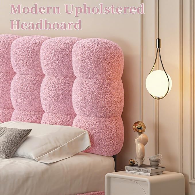 BarnFurin Full Size Bed Frame with Upholstered Headboard, Teddy Soft Boucle Fabric, Platform Bed with Strong Wooden Slats Support, Two Bed Forms Design, No Boxing Spring Needed, Easy Assembly, Pink