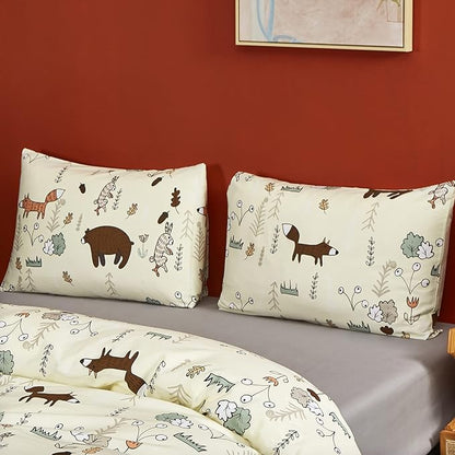 CLOTHKNOW Kids Comforter Set Twin/Twin XL 3Pcs Yellow Bear Bedding Comforter Sets Soft Animal Cartoon Comforter Fox Rabbit Beige Bedding with 2 x Pillow Cases