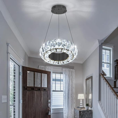 8" Ring Modern LED Dimmable Crystal Chandelier Adjustable Height Pendant Light Round Crystal Chandelier Light Fixtures for Dining Room Living Room Kitchen Island Black