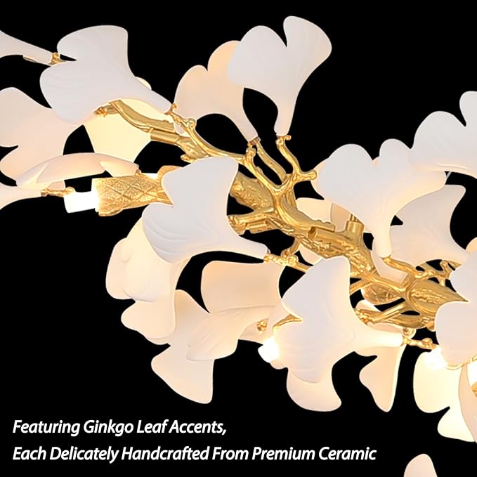 Modern Gold and Wtite Large Rectangle Tree Branch Dining Room Chandeliers, 72" Rectangle Ceramic Ginkgo Leaf Chandelier, Linear Chandeliers for Dining Room,Kitchen,Hanging Chandelier