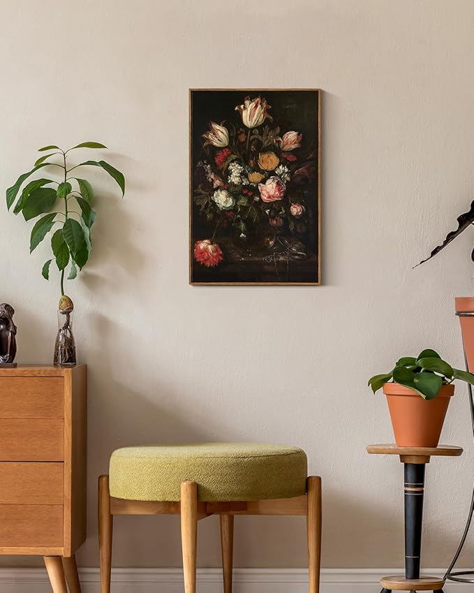 ARPEOTCY Large Framed Canvas Wall Art, Dark Roses Pictures Decor, 20x30Inch, Bathroom Bedroom Kitchen Vintage Floral Decor, Moody Farmhouse French Country Art