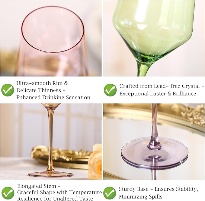 Physkoa Colored Wine Glasses Set of 6-15oz Hand Blown Crystal Colorful Glassware with Long Stem, Multicolor Glassware for Wine Lovers, Wedding, Birthday Mother's Day Easter Gifts for Women