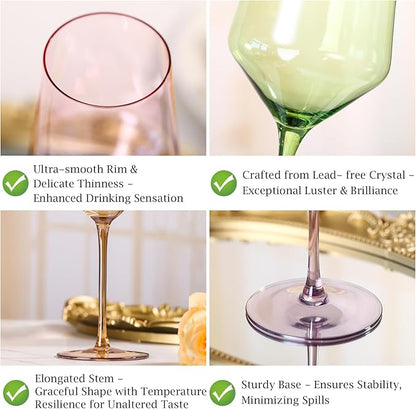 Physkoa Colored Wine Glasses Set of 6-15oz Hand Blown Crystal Colorful Glassware with Long Stem, Multicolor Glassware for Wine Lovers, Wedding, Birthday Mother's Day Easter Gifts for Women
