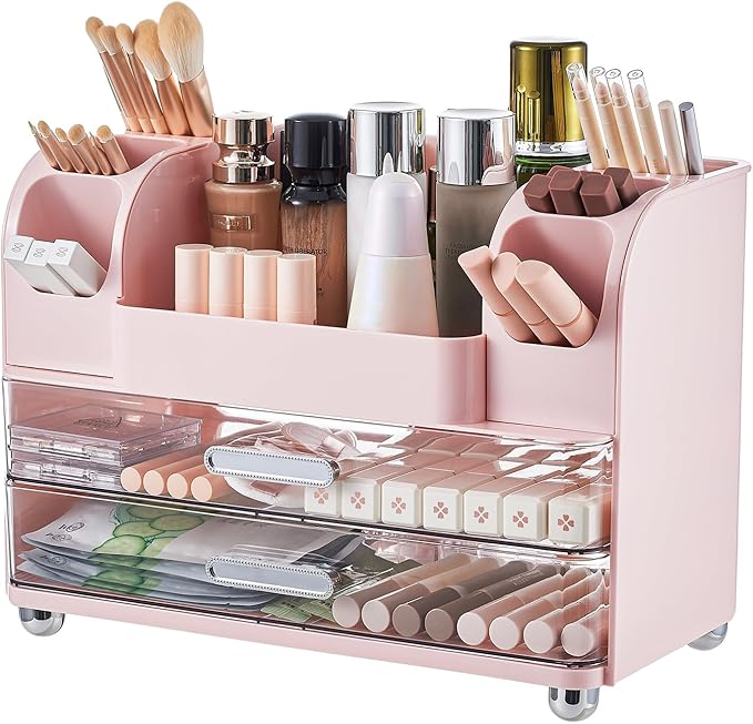 Makeup Organizer for Vanity with 2 Large Drawers, Cosmetic Display Case with Brush Holders, Easy to Storage for Bathroom Countertop Skincare, Desk Office Supplies, Pink
