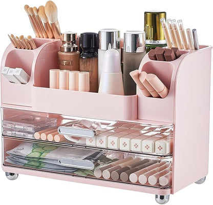 Makeup Organizer for Vanity with 2 Large Drawers, Cosmetic Display Case with Brush Holders, Easy to Storage for Bathroom Countertop Skincare, Desk Office Supplies, Pink
