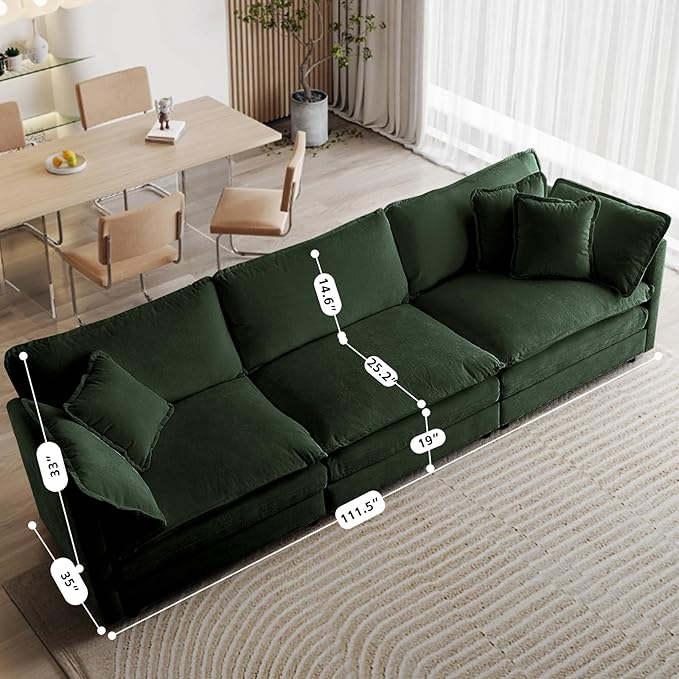 SoarFlash Chenille Sectional Sofa, Comfy Modular Loveseat Sofa, Modern 3-Seat Couch Deep Seat Sofa Set for Living Room,Green