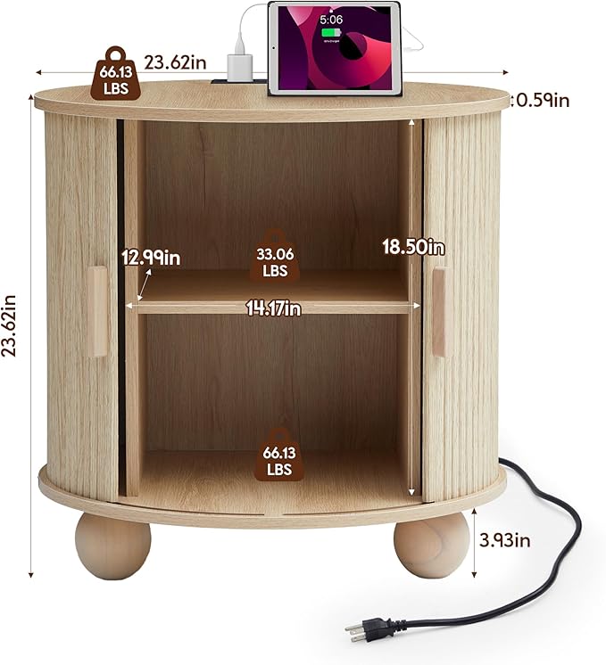 24" Fluted Round Nightstand Set of 2, Mid-Century Large Wooden End Table with Charging Station, Farmhouse Storage Side Table with Sliding Door for Bedroom Living Room (2XRound, Natural)