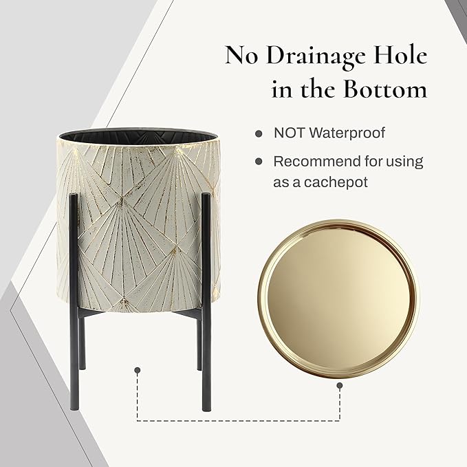 LuxenHome Planters for Indoor Plants, Set of 3 Floor Plants Pots with Stands, Modern Decorative Metal Flower Pots, Distressed Gray and Gold Cachepot Planters, 9.5", 11.87", 14" Inch