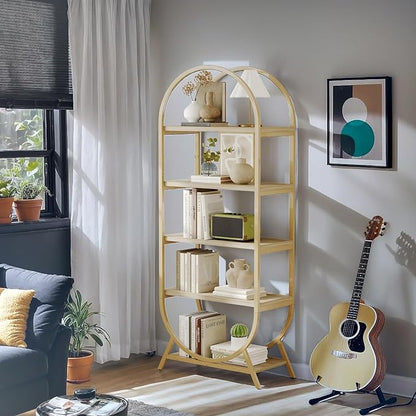 Arched Bookshelf,5-Tier Tall Wide Open Bookshelf,Modern Brown Storage Display Rack Shelving Unit for Office, Bedroom, Living Room, Easy Assembly, Gold and Nature Wood