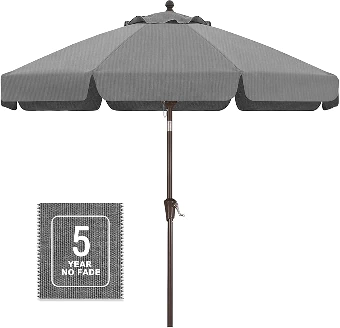 MASTERCANOPY 9ft Olefin Valance Patio Umbrella with Tilt Crank, 5-Year-Non-Fading Canopy & 8 Fiberglass Ribs for Deck, Patio, and Garden, Medium Grey