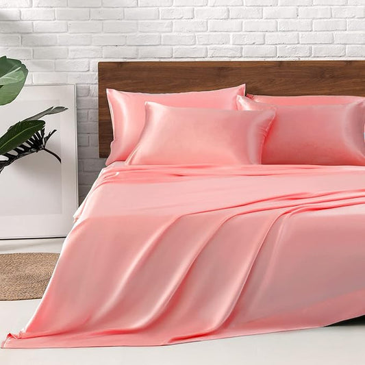 MR&HM Satin Bed Sheets, King Size Sheets Set, 6 Pcs Silky Bedding Set with 15 Inches Deep Pocket for Mattress (King, Blush)