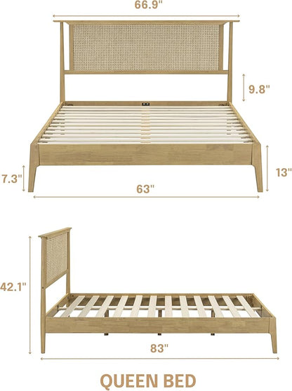 NTC Ruby Wooden Bed Frame with Headboard, Solid Wood Foundation with Silent Slats and Wood Central Supports, 1000 Lb Capacity, Effortless Assembly, Multiple Sizes and Colors (Sand, Queen)