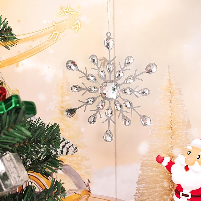 Reinstone 4pcs Silver Sparkling Snowflake Christmas Ornaments - Large Hanging Snowflake Ornaments for Christmas Tree Winter Supplies