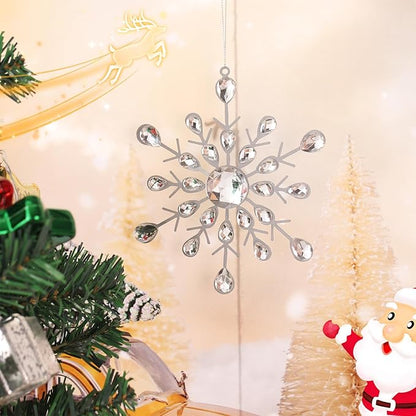 Reinstone 4pcs Silver Sparkling Snowflake Christmas Ornaments - Large Hanging Snowflake Ornaments for Christmas Tree Winter Supplies