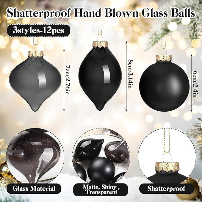 Zomiboo 12 Pcs Black Glass Christmas Ball Ornaments Set 3.15" Hanging Shatterproof Glass Bulbs for Christmas Tree Baubles Bulk for Holiday Xmas Tree Decorations Gifts