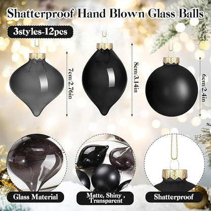 Zomiboo 12 Pcs Black Glass Christmas Ball Ornaments Set 3.15" Hanging Shatterproof Glass Bulbs for Christmas Tree Baubles Bulk for Holiday Xmas Tree Decorations Gifts