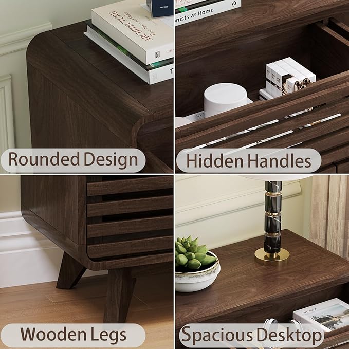 Walnut Dresser for Bedroom, Tall Dresser with 6 Drawers, Chests of Drawers with Grille & Curved Design, Fluted Dressers Slides Pre-Installed, Wood Large Drawer Organizer for Bedroom Hallway